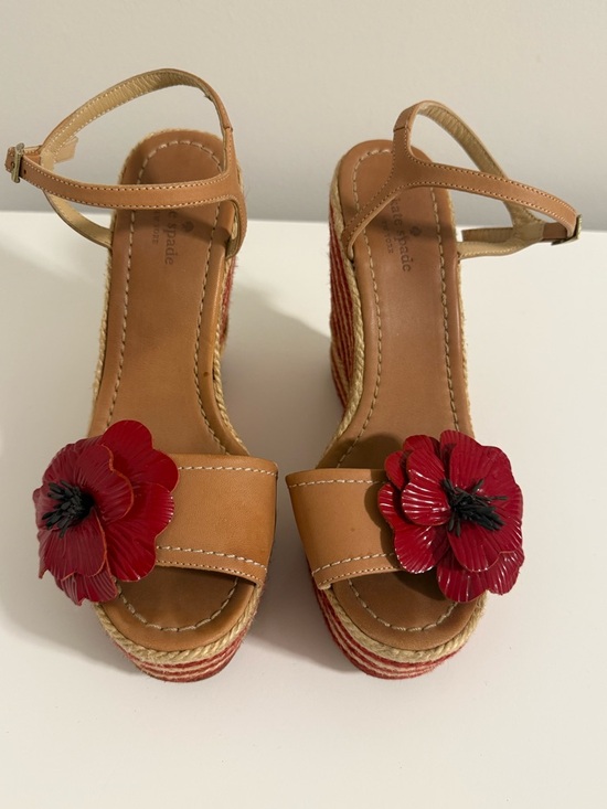 kate spade Shoes - kate spade Tan Wedge Sandals with Red Floral Accents